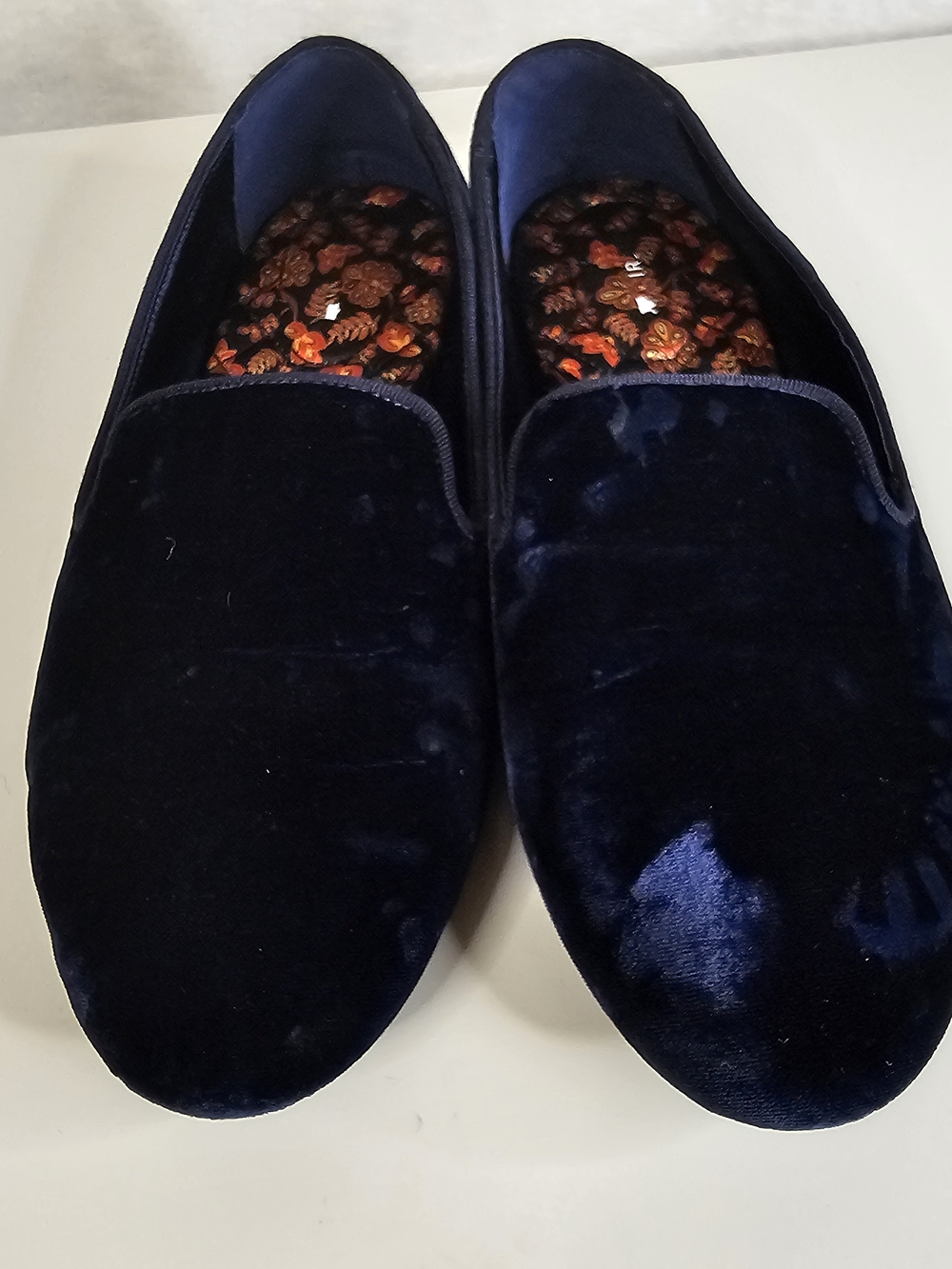Birdies Navy Velvet Slip-On Flats with Floral Insole